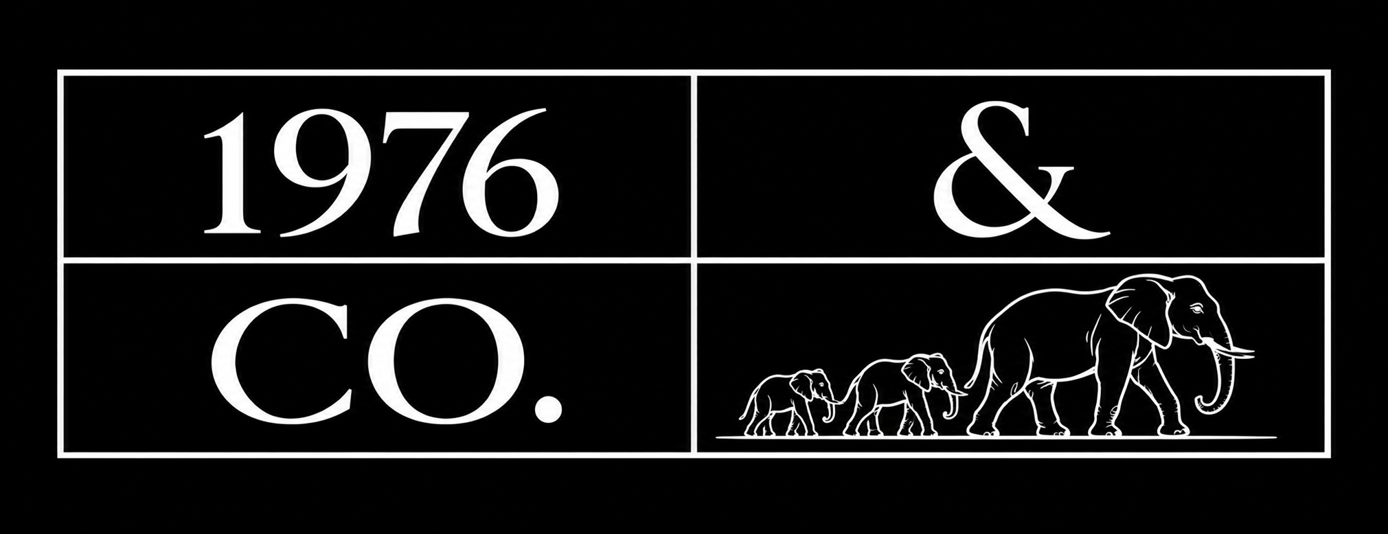 1976 and Company four-panel logo with white borders and black elephant family outlined in white
