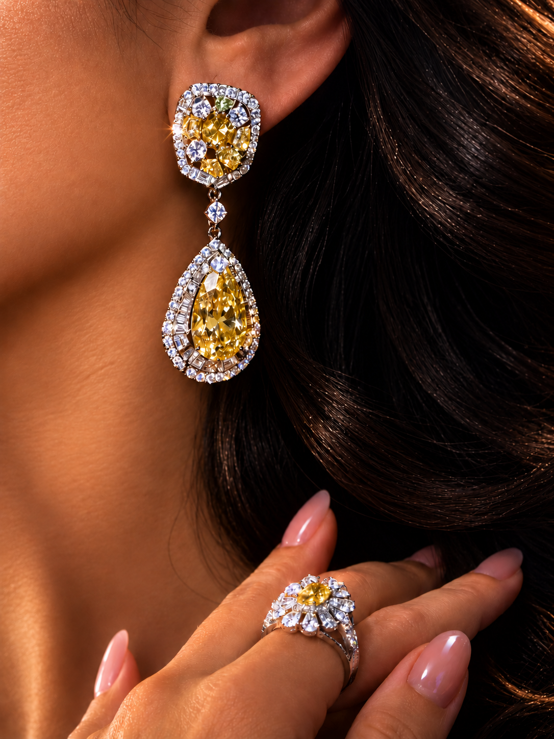 Yellow gemstone earrings and matching ring — AI-generated design concept